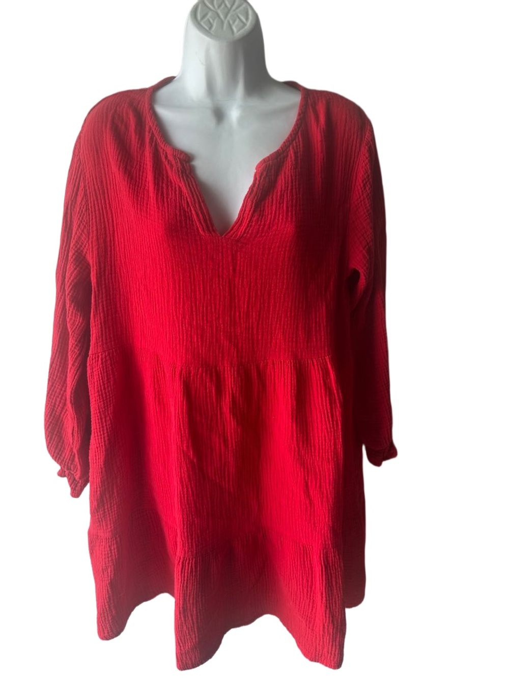 Kaktus Boho Red Long Sleeve Tiered Split V-Neck Gauze Tunic Dress - Medium